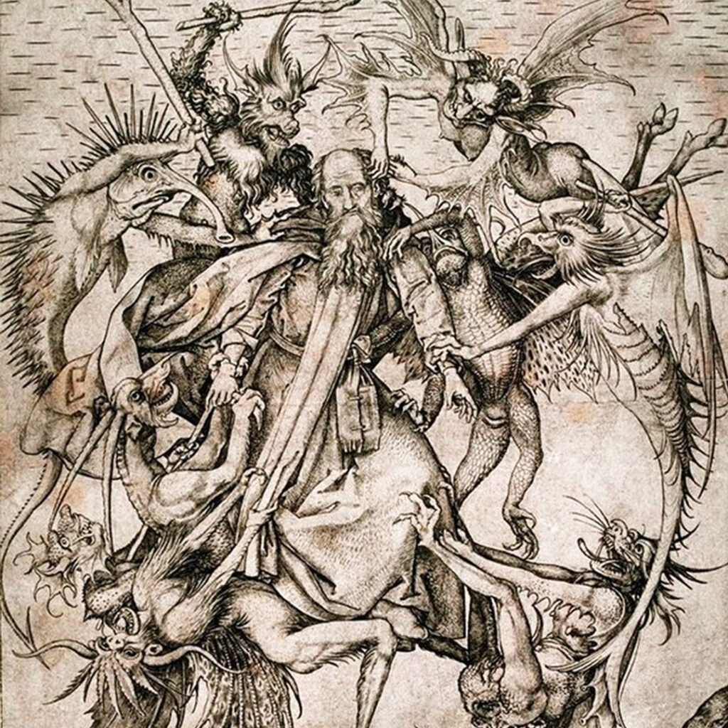 Martin Schongauer, La tentación de San Antonio, grabado en metal