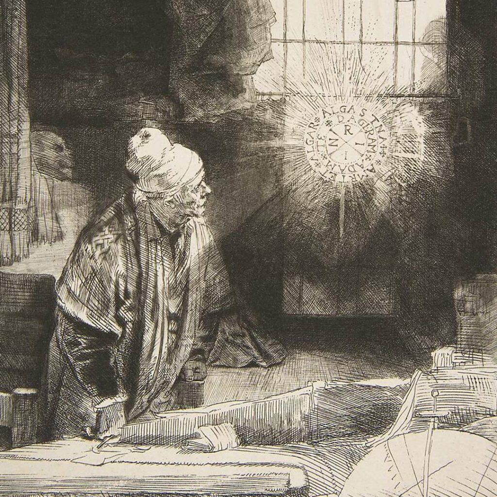 Rembrandt, Fausto en su estudio. Grabado en metal. 1650.