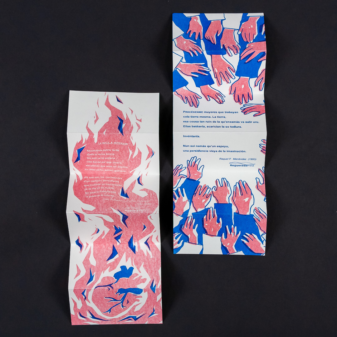 Poemas impresos en risografía para el Reguerada Fest, diseñados por Güe Studio.
