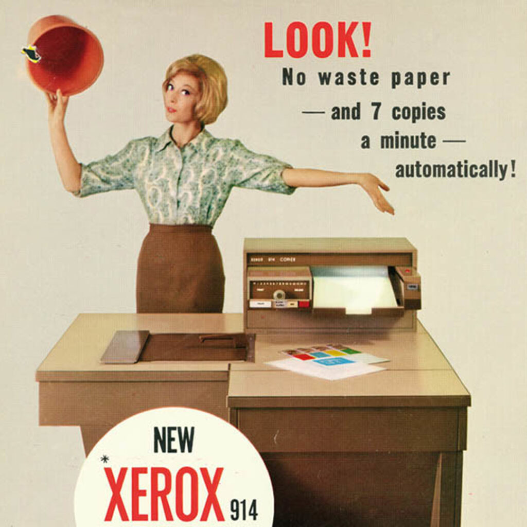 Historia de la risografía: anuncio publicitario de la primera fotocopiadora de la historia, la Xerox 914.