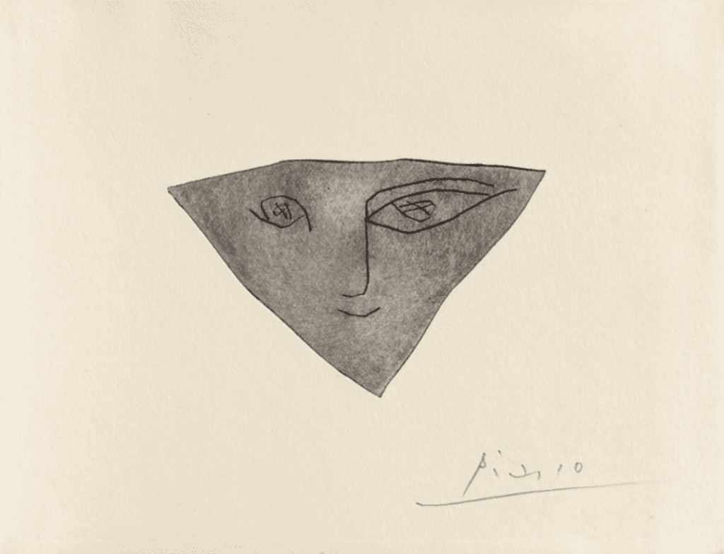 Pablo Picasso, Cara triangular. Punta seca sobre celuloide.